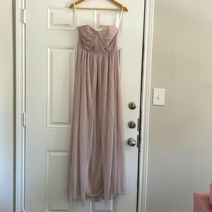Taupe Bridesmaids dress with adjustable shoulders to alter the look.